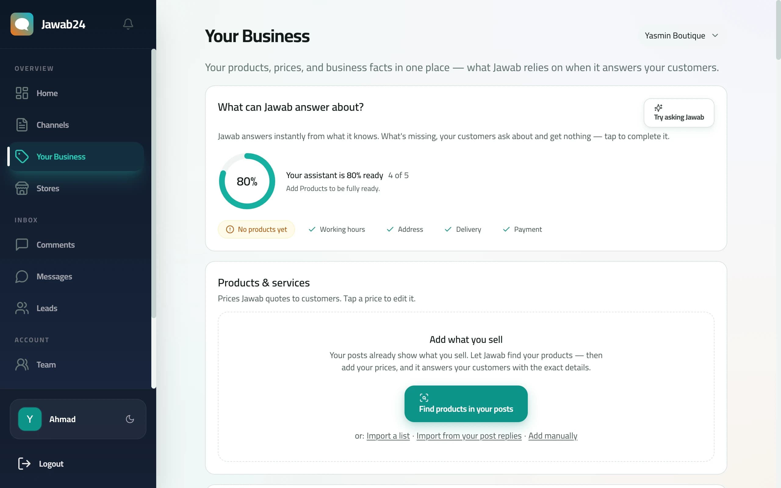 The Your Business page in Jawab24: readiness meter, products, and business facts