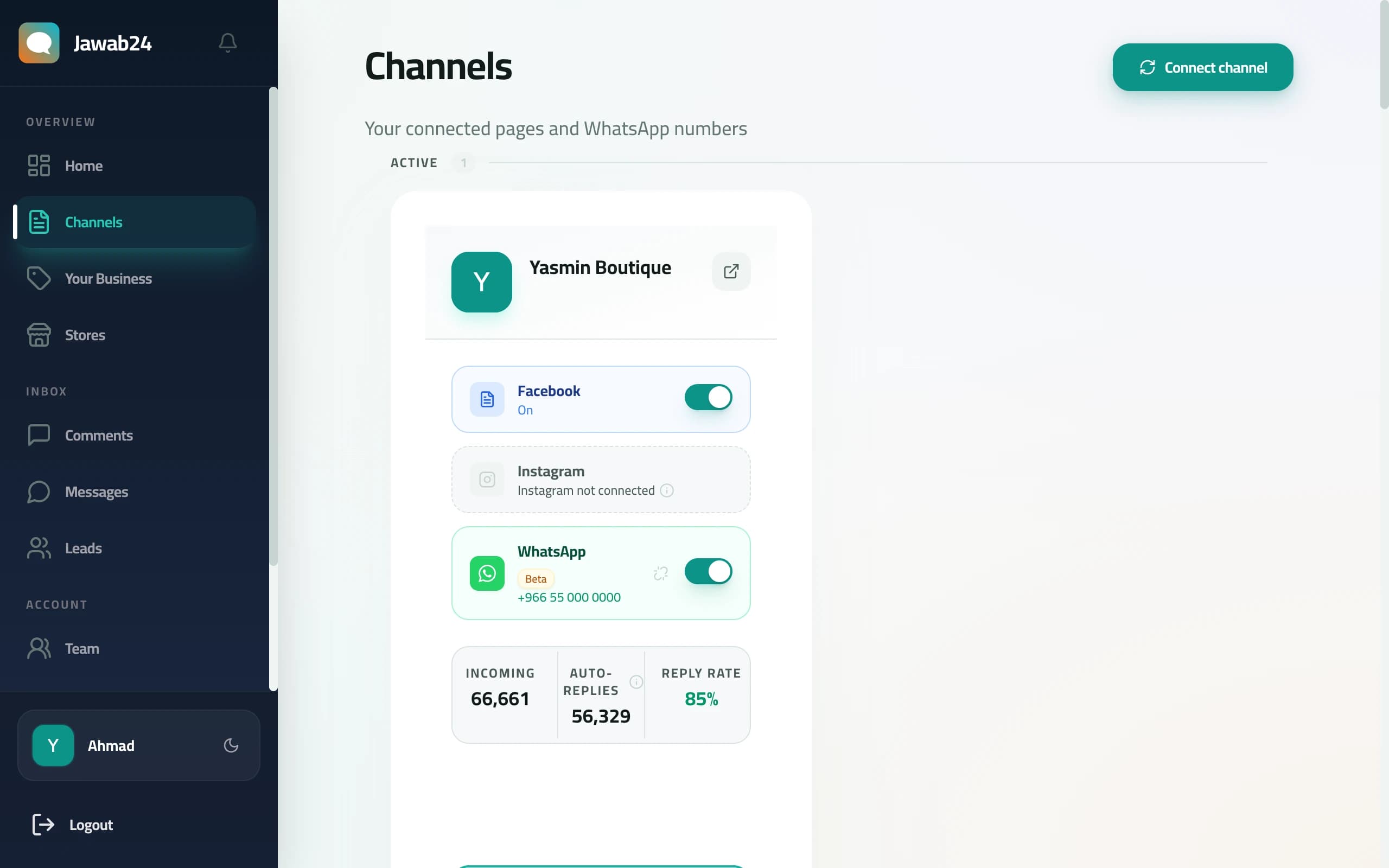 The Channels page in Jawab24 with the Connect channel button and an active page card