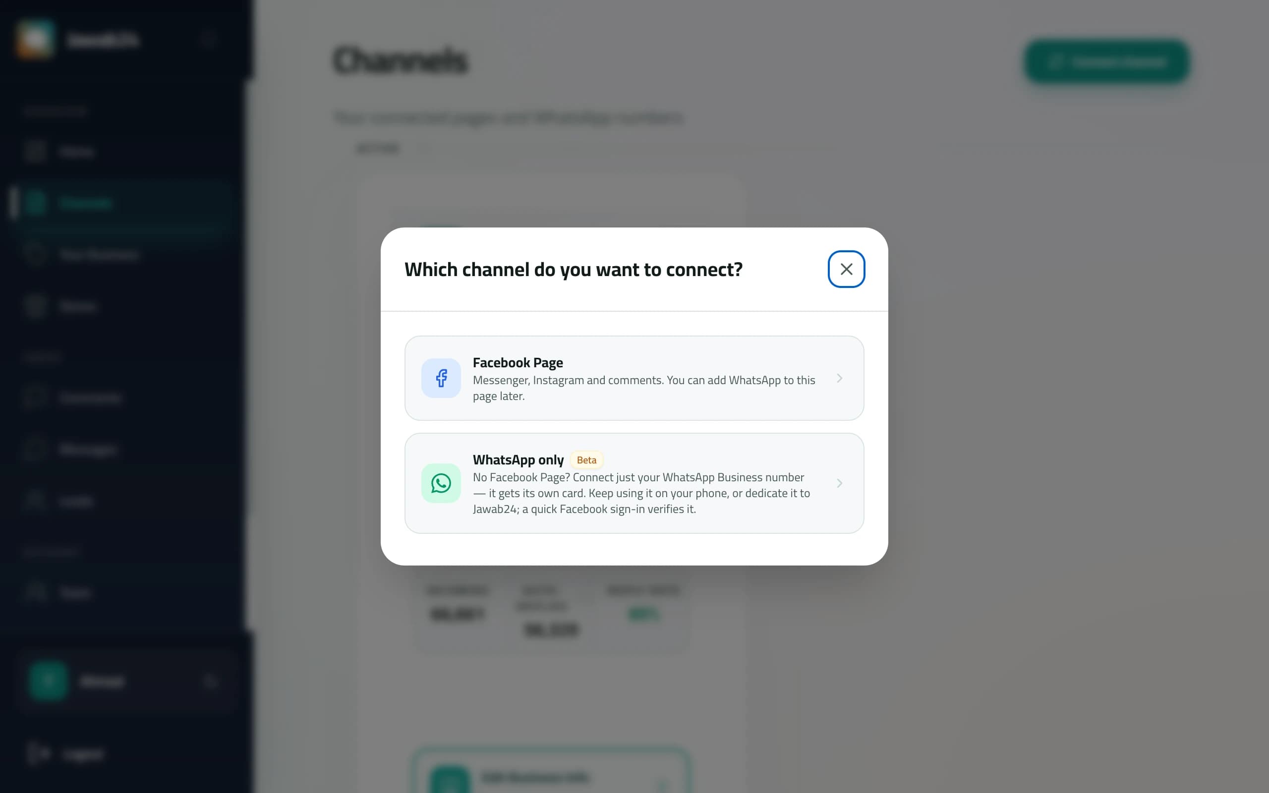 The channel picker dialog: Facebook Page or WhatsApp only