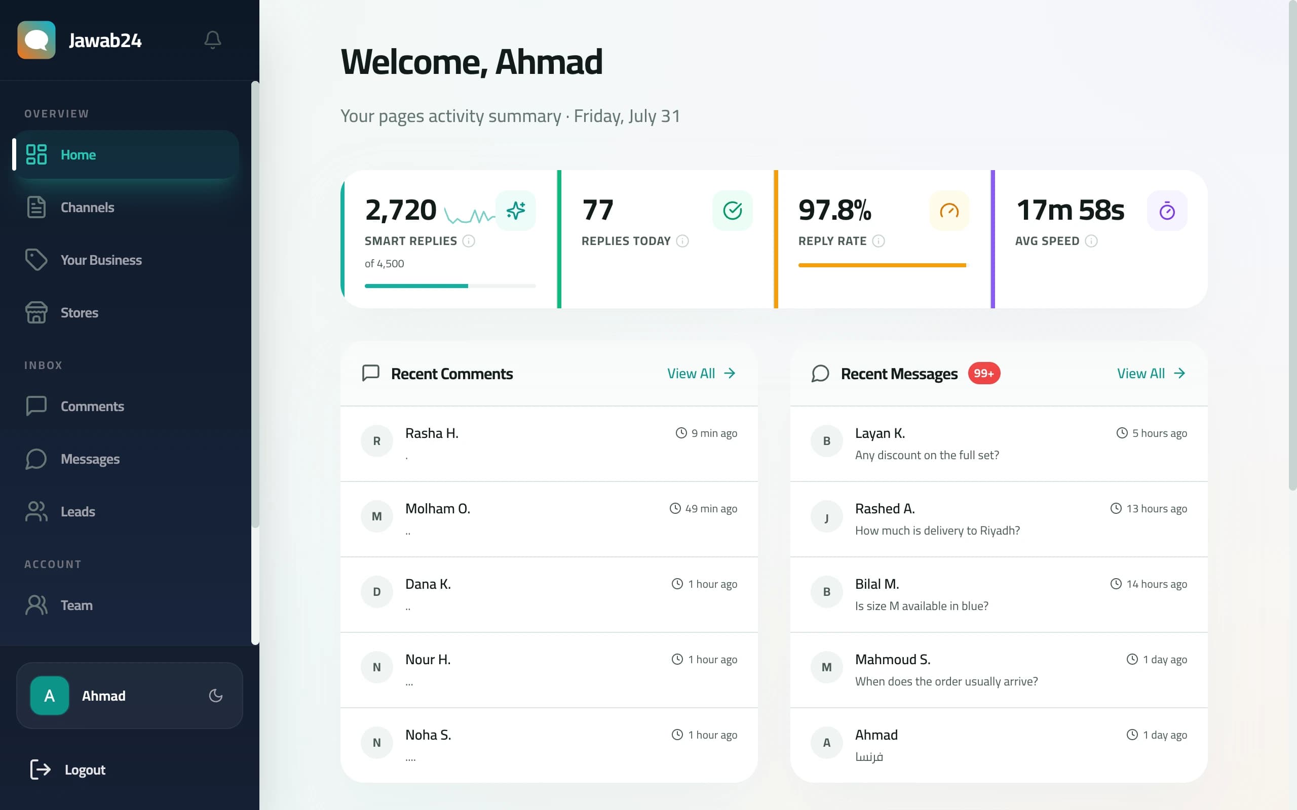 Jawab24 dashboard: smart replies, reply rate, and recent comments and messages