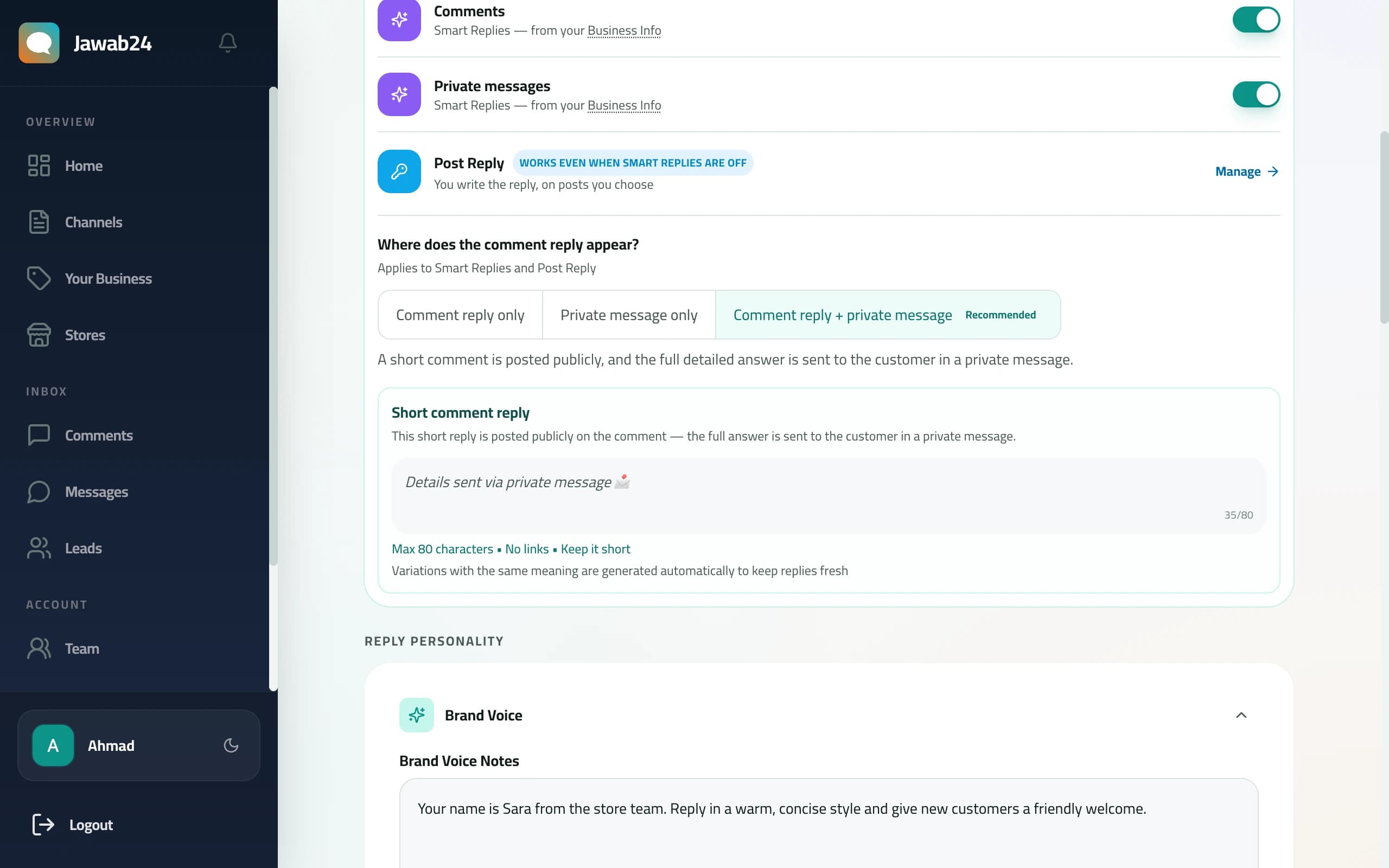 Auto-reply settings in Jawab24: comment and message toggles and the comment reply mode