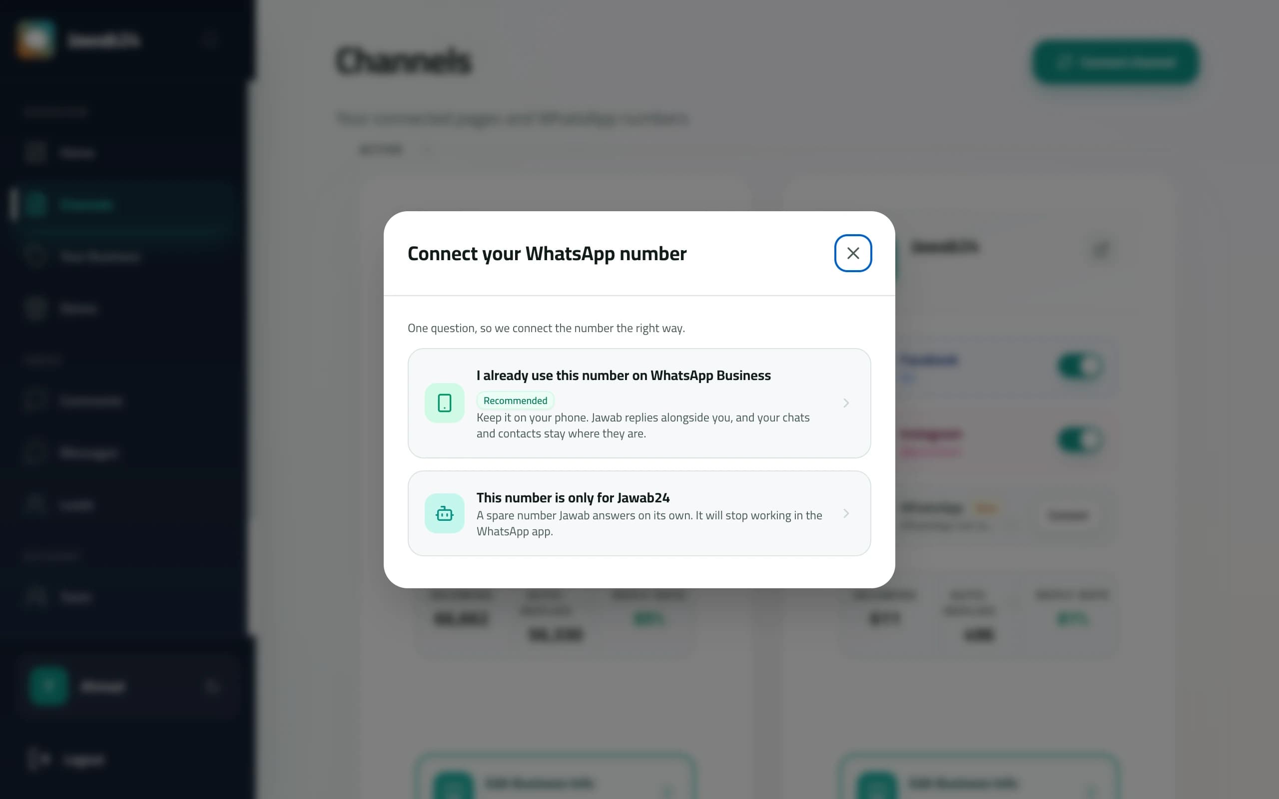 The WhatsApp connect dialog: keep the number on your phone with Jawab replying alongside you, or dedicate it to Jawab24